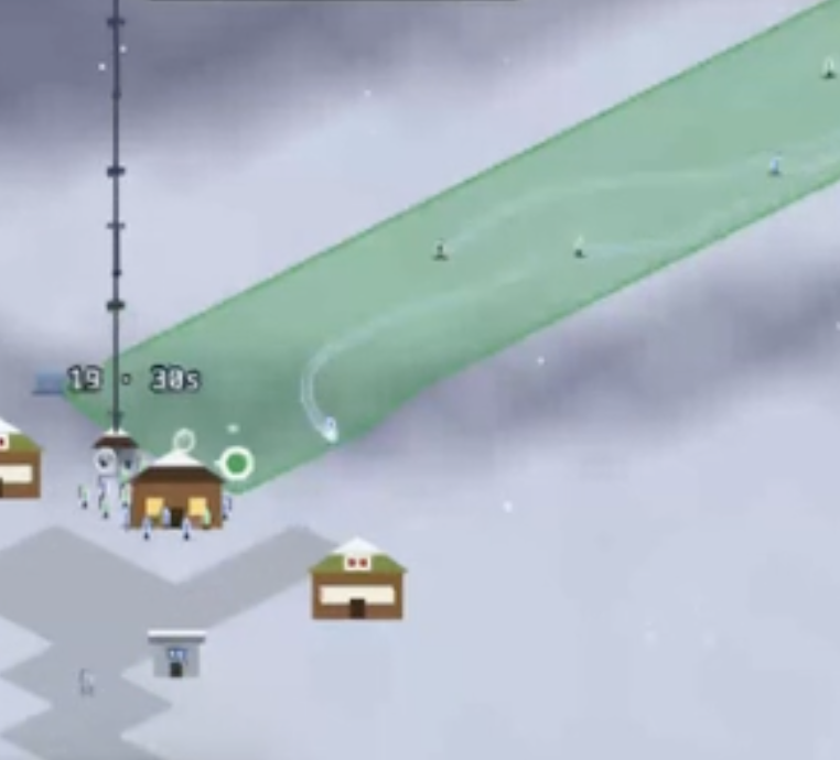 Powder Peaks alpha gameplay showing skiers carving down a green run beside base-area buildings.